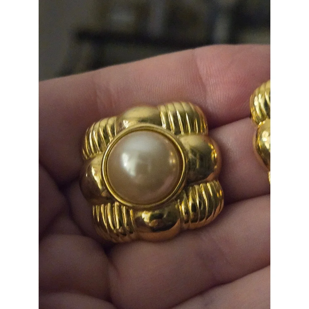 Joan Rivers Faux Pearl Goldtone Square Earrings Chunky Statement Vintage